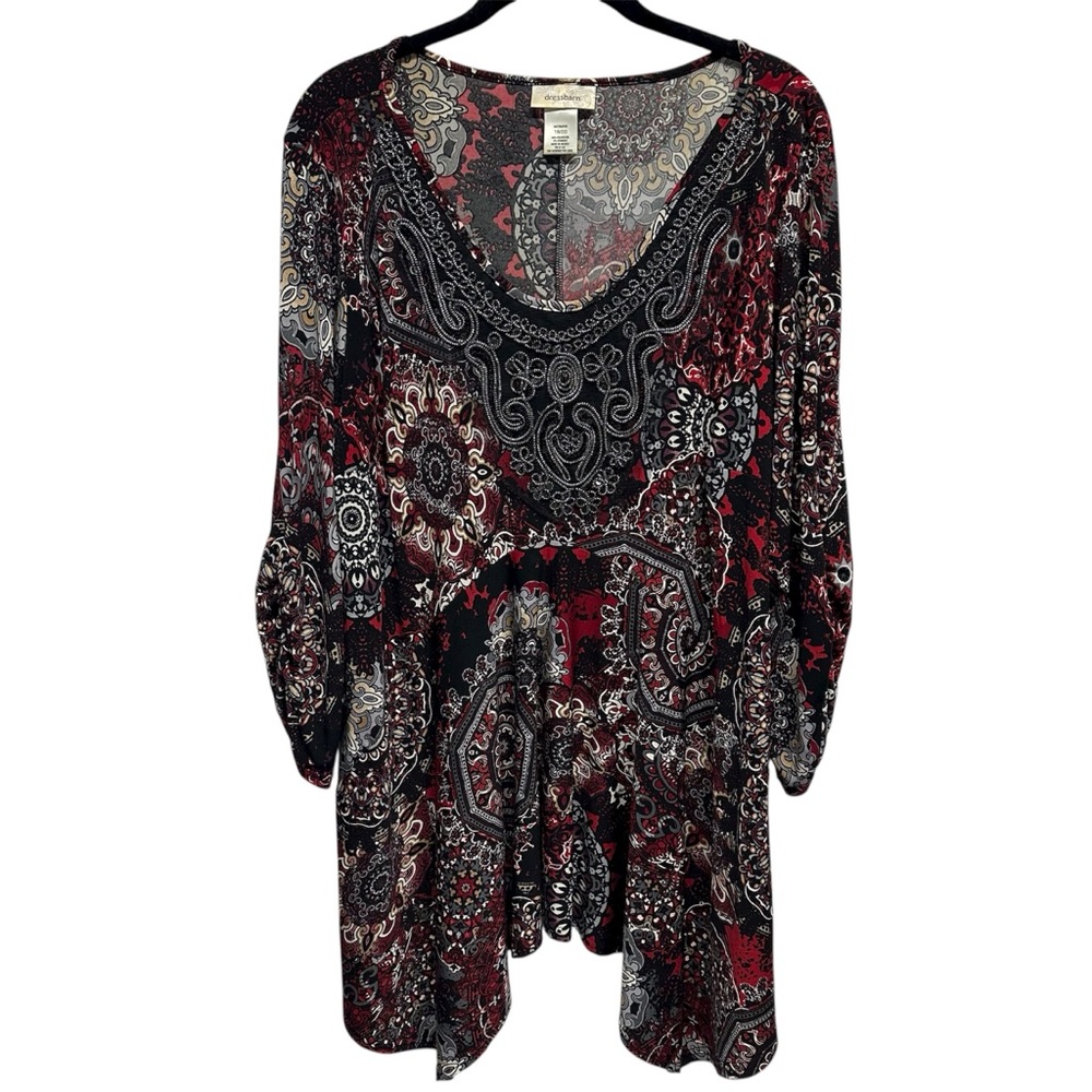 Dress Barn Womens Red Black Beaded Boho Asymetric Hem
Stretch Tunic Top sz 18/20